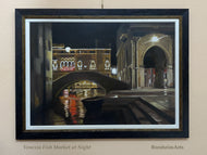 Framed artwork of a cityscape at night with a bridge over water, labeled 'Venezia Fish Market at Night' by BorsheimArts.