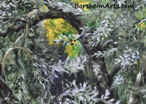 Detail of black olive tree branches with olives and with a yellow leafed tree in the background... impressionist style artwork