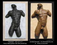 Cargar imagen en el visor de la galería, Choice of two patinas on the bronze torso artwork Valentine.  Left, a charcoal patina mounted on a white marble with grey veining.  On the right is the traditional creme opaque patina on male nude sculpture with a creme colored travertine stone cut to size by the artist Kelly Borsheim
