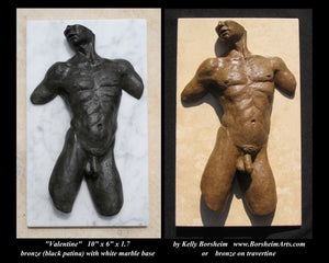 Choice of two patinas on the bronze torso artwork Valentine.  Left, a charcoal patina mounted on a white marble with grey veining.  On the right is the traditional creme opaque patina on male nude sculpture with a creme colored travertine stone cut to size by the artist Kelly Borsheim