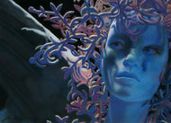 Woman in Blue with floral designed hair and an angel wing extending out to the left as she gazes left, close-up of her face