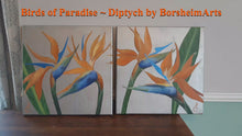 Laden und Abspielen von Videos im Galerie-Viewer, details shown of two acrylic and metallic paintings of the bird of paradise flowers
