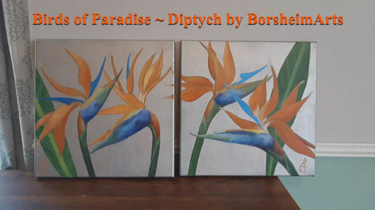 details shown of two acrylic and metallic paintings of the bird of paradise flowers