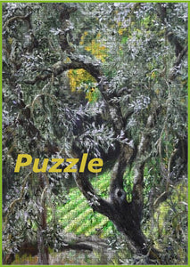 Olive tree painting shown here with puzzle piece cut lines
