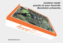 Cargar imagen en el visor de la galería, Puzzle box showing cover of olive tree painting artwork on the front and 1000 piece 20 x 28 inch puzzle written on the side
