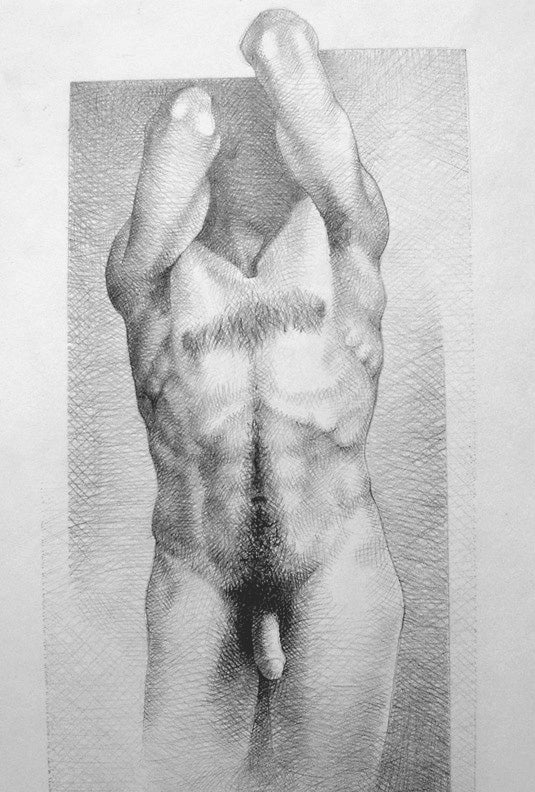 Beautiful realistic pencil drawing of a man nude torso, actually a self portrait of the Ukrainian-American artist Vasily Fedorouk.  The technique is hatching (short lines, often crossing each other to create darker tones).  The arms are up, bent behind the head at the elbows.  The face is nebulous in the shadows.