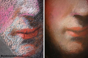The technique of layering pastels before blending the colors on the streets of Florence, Italy, a portrait face of the Madonna Blu by Carlo Dolci. art technique pastels
