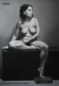 zSOLD ~ A World Away (Jazz) Charcoal Figure Drawing Seated Nude Woman
