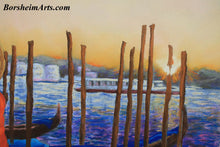 Load image into Gallery viewer, Texture Detail of sunrise, water and the poles that secure the gondola in Venice Italy
