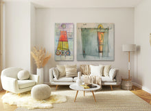 Load image into Gallery viewer, Aphrodite, a large square painting by Dragana Adamov, hung here with Athena (left) to put some color into an otherwise neutral living room decor.
