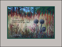 Load image into Gallery viewer, Shown here with sample mats, a dark green thin inner mat with a cool creme colored larger mat is the artwork Grasses of Santa Margherita Ligure II Ligurian Landscape Painting Blue Pastel Painting Hiking Ligurian Coast near Portofino Italy
