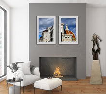 Laden Sie das Bild in den Galerie-Viewer, living room mockup of Against the Dying of the Light - Rage Rage bronze sculpture with photographs of the Duomo in Florence, Italy.  Sculpture as home decor
