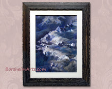 Cargar imagen en el visor de la galería, This original painting of the Swiss Alps in framed with a hard white mat and then a dark distressed wood fram with touches of blue.  The painting is blue, purple, teal, and white.  Original art by Kelly Borsheim made for you and other lovers of the mountains.  Great gift idea.
