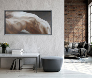 Stunning room enhancement in this grey and red brick loft apartment is this painting of a reclining nude female torso, Arch. 24 x 48 inches