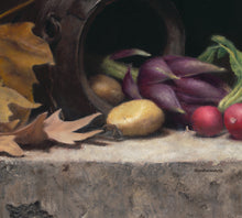 Load image into Gallery viewer, Detail of the antique wooden vase with an artichoke, potato, and radishes, as well as the leaves and detail of the texture of the stone ledge that supports all in the print of the painting &quot;Artichoke, Radishes, Potatoes, and Leaves&quot; Print on Fine Art Paper with white border for easier framing. Art by artist Kelly Borsheim

