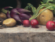 Load image into Gallery viewer, Detail of the food and vegetables in the still life print of artichoke, potato, and radishes, as well as the leaves and the stone ledge that supports all in the print of the painting &quot;Artichoke, Radishes, Potatoes, and Leaves&quot; Print on Fine Art Paper with white border for easier framing. Art by artist Kelly Borsheim
