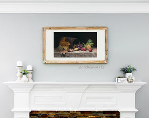 Shown framed and hanging over a white mantle in an elegant home:  "Artichoke, Radishes, Potatoes, and Leaves" Print on Fine Art Paper with white border for easier framing. Art by artist Kelly Borsheim