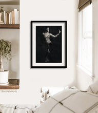 Laden Sie das Bild in den Galerie-Viewer, charcoal and pastel drawing of belly dancer, Attitude is show matted with simple thin line black wood frame in this neutral colored bedroom scene, art by Kelly Borsheim

