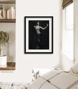 charcoal and pastel drawing of belly dancer, Attitude is show matted with simple thin line black wood frame in this neutral colored bedroom scene, art by Kelly Borsheim