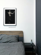Charger l&#39;image dans la galerie, small print of belly dancer artwork becomes the focal point in this masculine bedroom decor.
