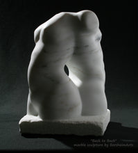 Load image into Gallery viewer, A female torso goes back to back with her partner male in this marble sculpture about vulnerability and love and support of one another, great wedding or anniversary gift art investment
