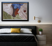 Cargar imagen en el visor de la galería, Abstract painting inspired by sculpture in Bologna Italy shown here over a bed in a neutral color bedroom, dark bed covers.
