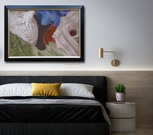 Abstract painting inspired by sculpture in Bologna Italy shown here over a bed in a neutral color bedroom, dark bed covers.