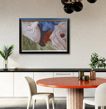 Load image into Gallery viewer, large framed art looks great in a dining room with a rusty orange tabletop since a slightly darker orange is in the abstract painting on the wall.
