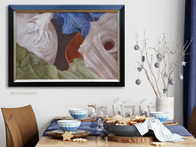 Laden Sie das Bild in den Galerie-Viewer, large abstract painting with woman&#39;s hand and sea-inspired theme looks great in a dining room with blue decor
