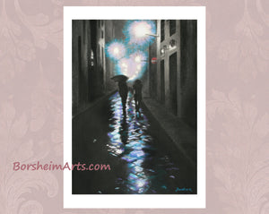 the print of a couple walking down the stone road of Florence, Italy, at night in the rain. one umbrella, mostly black and blue colors, from original charcoal and pastel drawing. has white borders