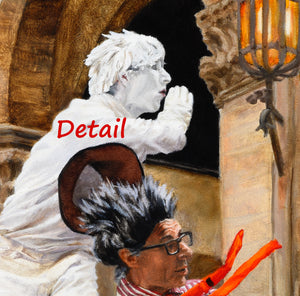 This is a detail image of the realistic oil painting of two mimes in Florence, Italy.  It focuses on the man in all white, including makeup on his face.  His hand is raised up near his mouth, as if to focus the sound as he calls to someone.  Florenc,e Italy original  artwork