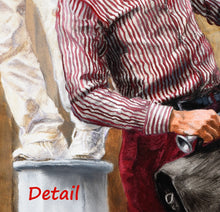 Load image into Gallery viewer, Another detail image of the realistic, but not hyper-realistic oil painting of two men as mimes.  showing the detail of the subtle shadows in the crinkles of the white pants.  The other mime wears a burgundy and white stripped shirt, what is shown here to see the brush strokes in the art.
