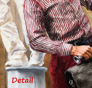 Another detail image of the realistic, but not hyper-realistic oil painting of two men as mimes.  showing the detail of the subtle shadows in the crinkles of the white pants.  The other mime wears a burgundy and white stripped shirt, what is shown here to see the brush strokes in the art.