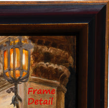 Laden Sie das Bild in den Galerie-Viewer, In this third detail image, you see the top right corner of the realism oil painting, the lamppost and the Italian architure column not far from Piazza della Repubblica in Florence, Italy.  Also, you see the closeup details of the wood frame, it has a gold (more bronze-like) color on the inner lining beveled edge of the frame, and well as a thinner line of the bronze color on the outer band of the frame.
