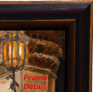 In this third detail image, you see the top right corner of the realism oil painting, the lamppost and the Italian architure column not far from Piazza della Repubblica in Florence, Italy.  Also, you see the closeup details of the wood frame, it has a gold (more bronze-like) color on the inner lining beveled edge of the frame, and well as a thinner line of the bronze color on the outer band of the frame.
