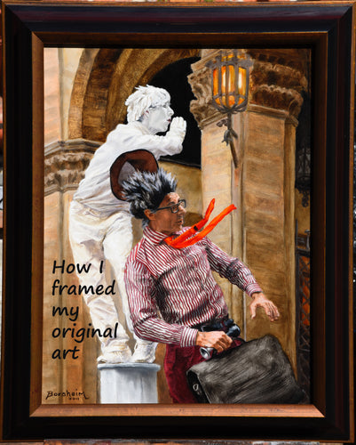 Original painting shown in wood frame.  16 x 12 inch realistic figure art of two men, mime street performers in Florence, Italy by artist Kelly Borsheim.  Available for sale or buy prints.