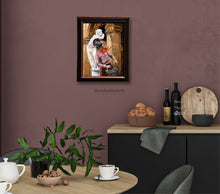Load image into Gallery viewer, Original Artwork of street performers (Buskers of Firenze) in the Italian Renaissance city of Florence.  Shown here in a small kitchen and dining area with a lovely burgundy wall to warm up the room.  The men add a center point of interest while you dine and dream of travels.  Great gift idea for Italy lovers.
