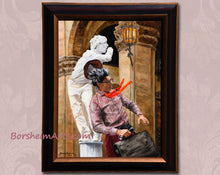 Laden Sie das Bild in den Galerie-Viewer, The entire 16 x 12 realistic oil painting, shown with dark brown and bronze wood frame, of two mimes posing in front of Italian architecture.  On is The Man of the Wind, leaning back as if in surprise as the wind blows his hat off of his head and his tie flies back off of his chest.  The other mime is dressed all in white.  Lovely artwork, ready to hang.
