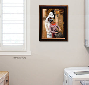 Buskers in Firenze, an original oil painting in realism style puts some joy in an otherwise boring laundry room.  Prints are available if you prefer that to original art.  By artist Kelly Borsheim