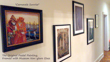 Load image into Gallery viewer, Colorful pastel paintings hung in a corridor brighten the room.  Carnevale Sunrise is a framed pastel painting shown next to others to give an idea of how the 16 x 20 inch artwork looks in context of home decor.
