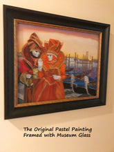 Laden Sie das Bild in den Galerie-Viewer, Original framed pastel painting of a couple in bright orange Carnevale costumes in Venice, Italy.  They stand in front of a row of gondolas, parked along the Grand Canal near Piazza San Marco
