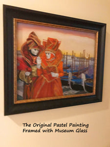 Original framed pastel painting of a couple in bright orange Carnevale costumes in Venice, Italy.  They stand in front of a row of gondolas, parked along the Grand Canal near Piazza San Marco