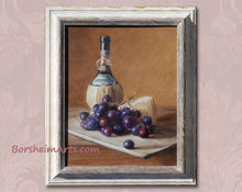 Load image into Gallery viewer, gorgeous small still life painting from Tuscany Italy adds a classic touch to those who love quality food and drink.  Framed in distressed white wood.
