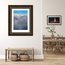 Load image into Gallery viewer, Two paintings are shown here in this foyer and then inside a dining room.  Skies with cumulus clouds is one subject, the other a still life with red cloth, olive oil flask and a glass bowl of green olives, original art and fine art prints by Kelly Borsheim
