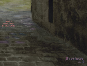detail of pastel and charcoal drawing of cobbled stone road in Siena, Italy with pink, purple, and grey
