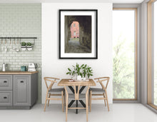 Laden Sie das Bild in den Galerie-Viewer, mockup framed art, buy prints or change the frame of the original art you buy. Coral Corridor in Siena Italy, Tuscan drawing by Kelly Borsheim, shown here in a dining room
