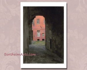 prints available of Coral Corridor, an Italian stone courtyard in Siena, Italy in Tuscany colors