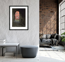 Load image into Gallery viewer, architectural art in an industrial decor apartment, Coral Corridor of Siena, Italy mockup framed art, buy prints or change the frame of the original art you buy. Coral Corridor in Siena Italy, Tuscan drawing by Kelly Borsheim
