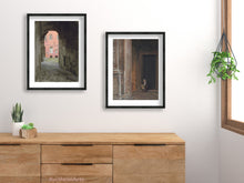 Carica l&#39;immagine nel visualizzatore di Gallery, prints mockup with a print of Pensive in Bologna, mockup framed art, buy prints or change the frame of the original art you buy. Coral Corridor in Siena Italy, Tuscan drawing by Kelly Borsheim, shown here over a bedroom dresser
