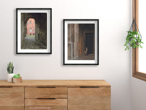 prints mockup with a print of Pensive in Bologna, mockup framed art, buy prints or change the frame of the original art you buy. Coral Corridor in Siena Italy, Tuscan drawing by Kelly Borsheim, shown here over a bedroom dresser